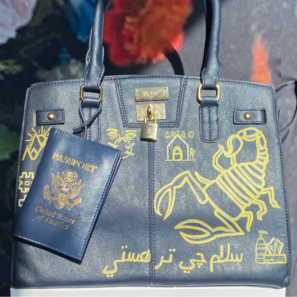 VanRahDesign hand painted BCBG purse with lock —Painting “Shelter”